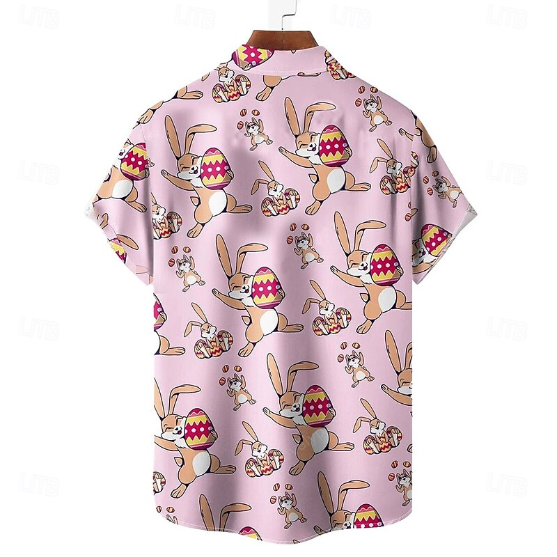 Easter Men's Bunny Easter Eggs Shirt Casual Shirt Button Up Shirt Short Sleeve Vintage Retro Vacation Holiday Festival Summer Spring Turndown 3D Print Collared Shirts Front One Pocket Pink Beige2