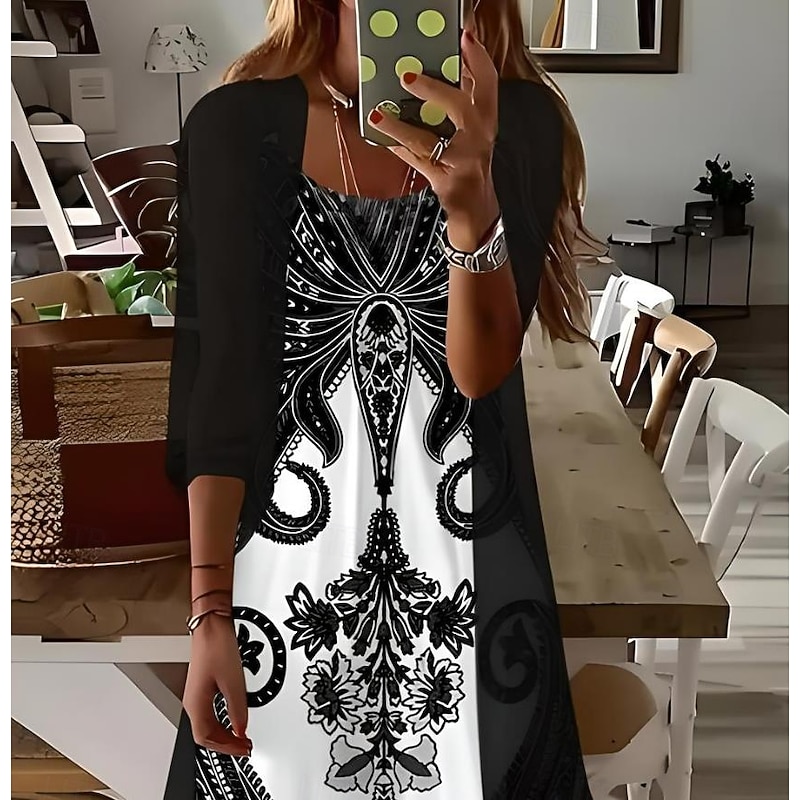 Women's Maxi Dress 2 Pieces Dress Set Sundress Summer Dress Slip Dress Vacation Formal Boho Vacation Loose Fit Graphic Paisley 3/4 Length Sleeve Strap V Neck Black Summer Spring2
