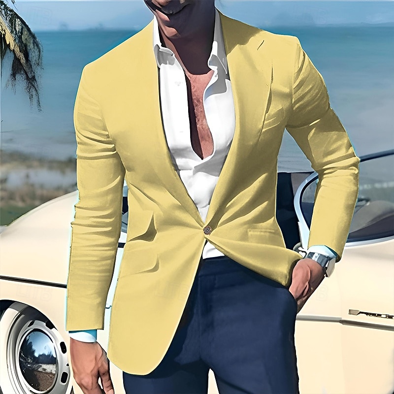 Men's Graduation Blazer Business Cocktail Party Wedding Party Fashion Casual Spring &  Fall Polyester Linen Plain Pocket Buttons Comfortable Single Breasted One-button Blazer Light Pink Yellow Pink4