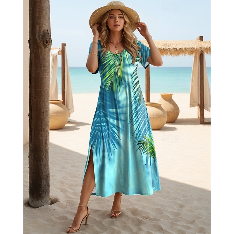 Women's Midi Dress Sundress A Line Dress Vacation Casual Beach Butterfly Sleeve Going out Regular Fit Floral Graphic Leaf Short Sleeve Crewneck Dark Pink Blue Green Summer