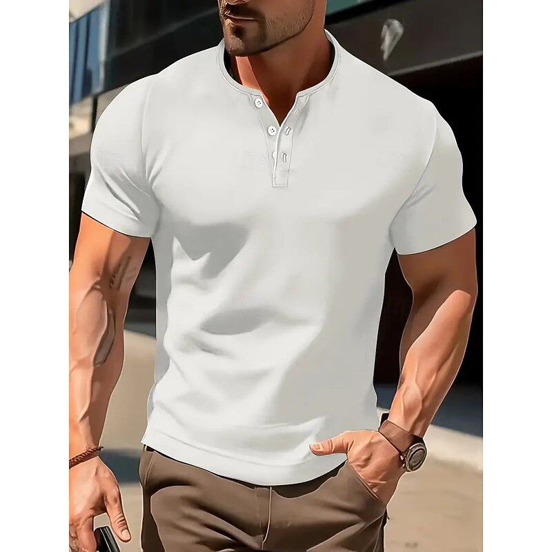 Men's Button T Shirt T Shirt Henley Shirt Tee Short Sleeve Henley Summer Solid / Plain Color Fashion Designer Fashion Vacation Street Going out Navy White Green Top Tee for Men2