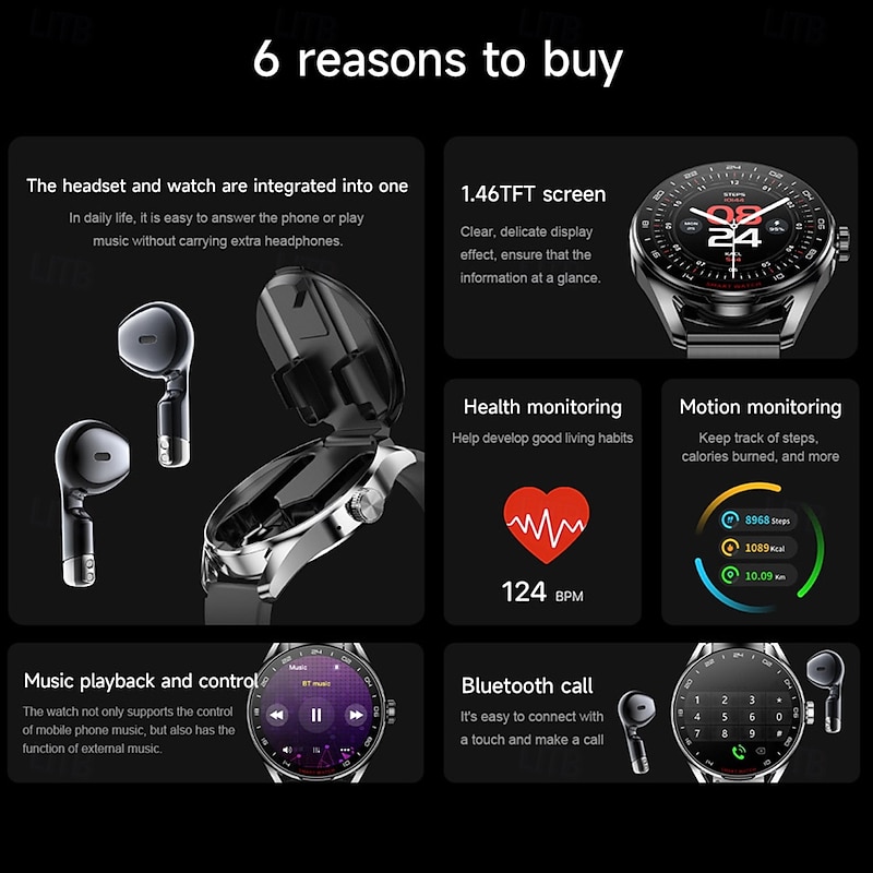 696 D9 Smart Watch 1.46 inch Smartwatch Fitness Running Watch Bluetooth Pedometer Call Reminder Sleep Tracker Compatible with Android iOS Men Hands-Free Calls Message Reminder Watches with Earbuds3