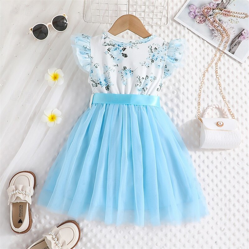 Kids Girls' Dress Flower Sleeveless Outdoor Casual Ruffle Tie Knot Fashion Adorable Polyester Knee-length Casual Dress A Line Dress Summer 4 years+ Pink Sky Blue2
