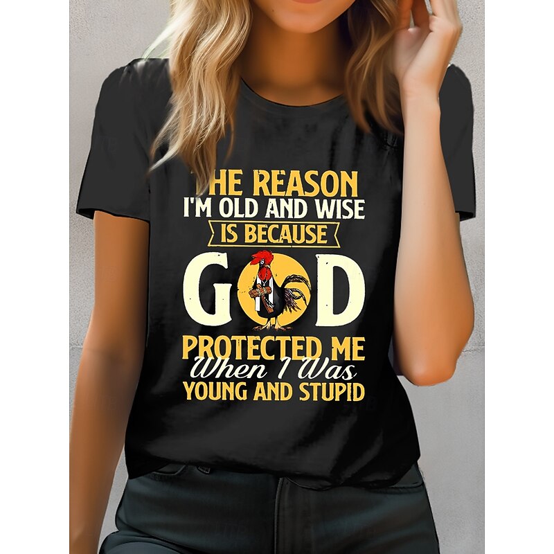 Women's T Shirt Cotton Shirt Rooster Letter Casual Short Sleeve Round Neck Regular Tops Daily Print Black Blue Green Summer