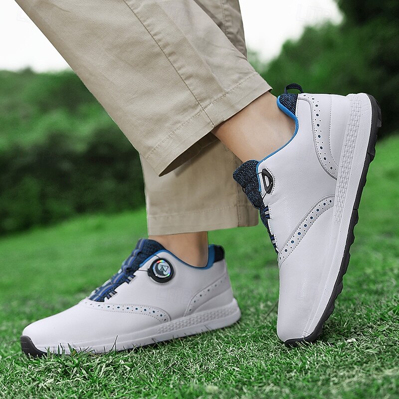 Men's Modern White Golf Shoes with Blue Detailing, Lace-Up Design, Breathable Upper, Perfect for Professional Golfers