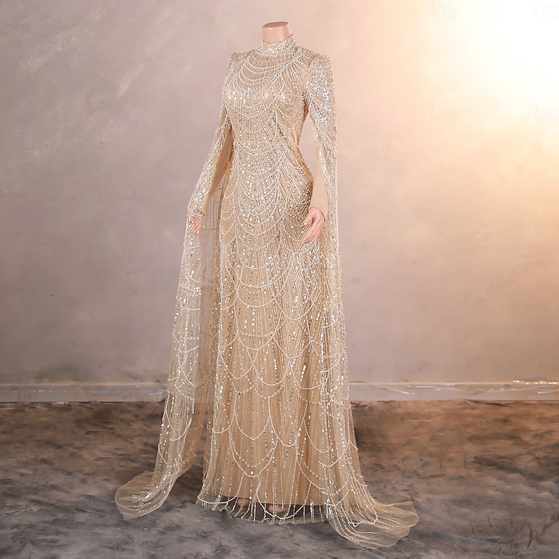 Mermaid / Trumpet Evening Gown Elegant Dress Formal Prom Sweep / Brush Train Long Sleeve Stand Collar Lace with Pearls Sequin3