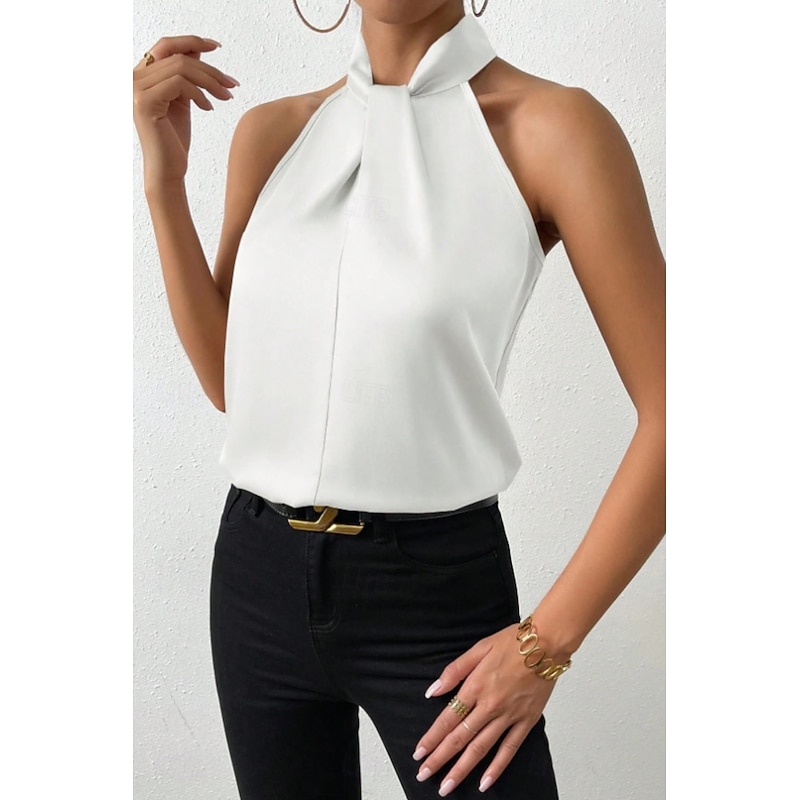 Women's Blouse Satin Plain Stylish Modern Sleeveless High Neck Regular Tops Daily Holiday Going out Ruched Black White Camel Purple Summer