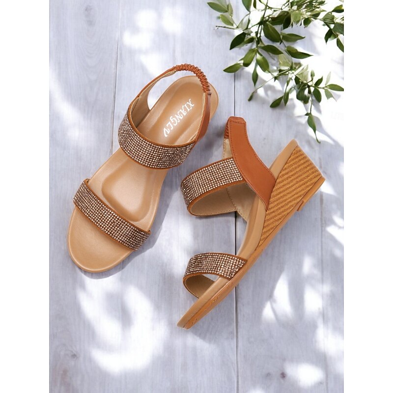 Women's Rhinestone Wedge Sandals – Brown Open-Toe Elastic Strap Comfort Shoes for Summer, Casual & Dressy Occasions2