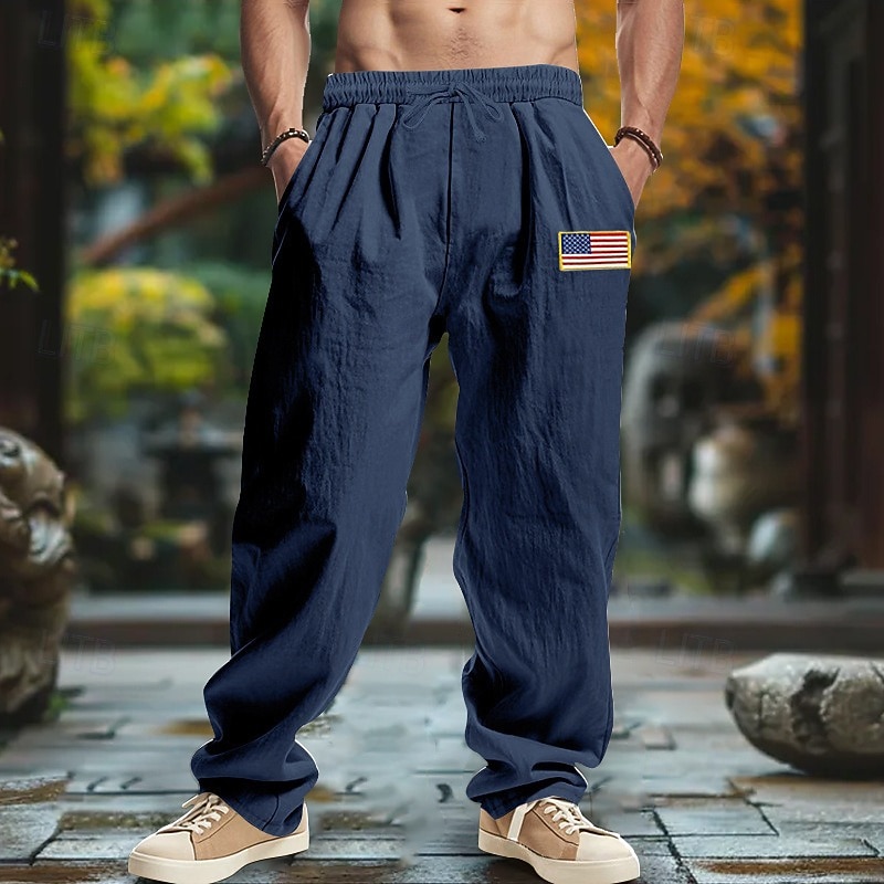 Men's Linen Pants Trousers Summer Pants Baggy Pants Beach Pants Drawstring Elastic Waist Straight Leg Plain Comfort Breathable Full Length Outdoor Casual Daily Fashion Retro Vintage Black Navy Blue