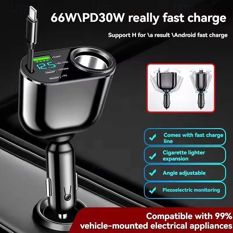 Retractable Car Charger 5 in 1 Fast Charging Car Charger Adapter 12V-24V Universal for iPhone Samsung Xiaomi4