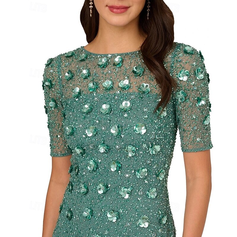 Beaded Floral Mother of the Bride Dress Elegant Vintage Illusion Neck Ankle Length Sequined Half Sleeve with Sequin3