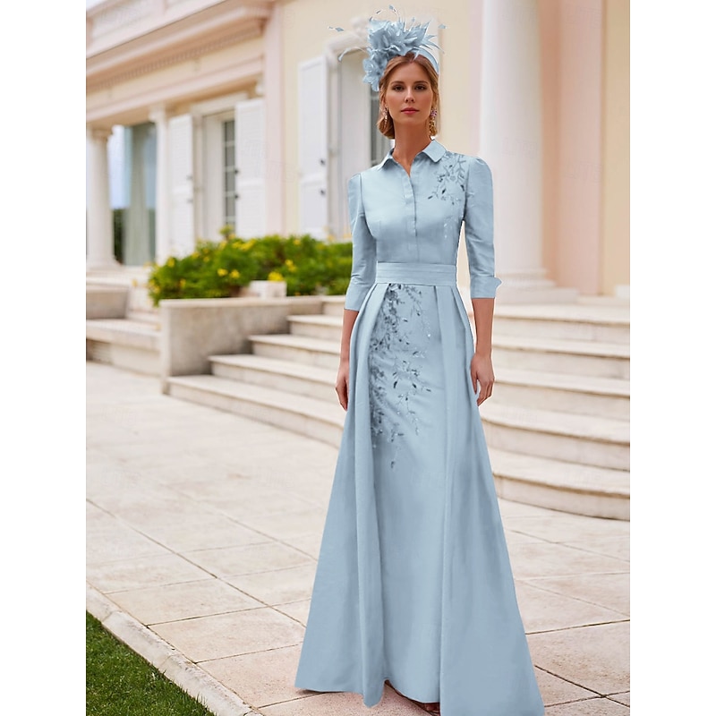 A-Line Mother of the Bride Dress Elegant Vintage V Neck Asymmetrical Satin 3/4 Length Sleeve with Lace Appliques Solid Color