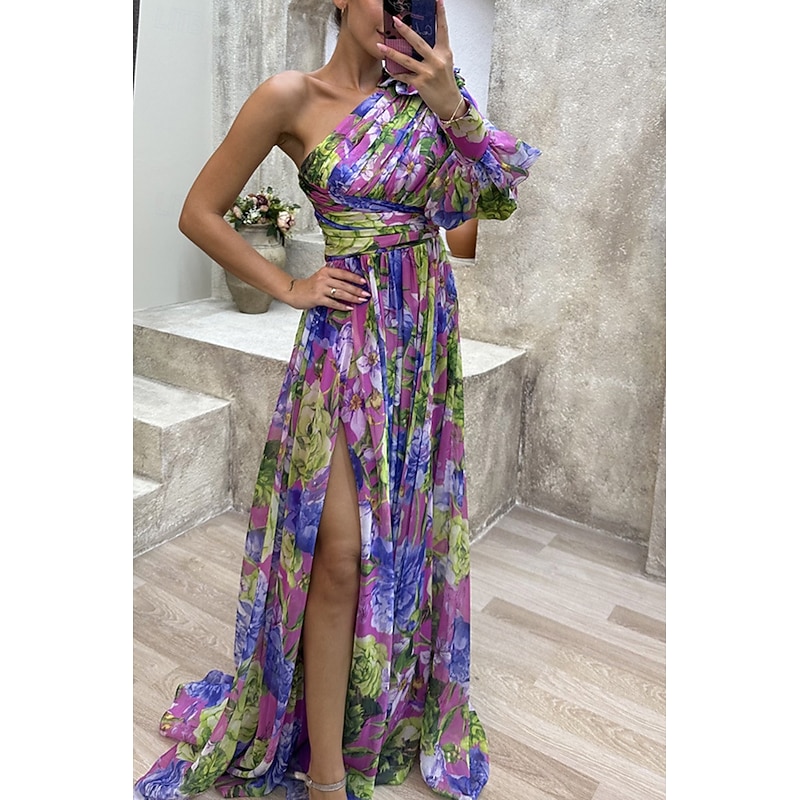 Women's Long Dress Maxi Dress Prom Dress Party Dress Print Dress Elegant Fashion Party Special Occasion Regular Fit Flower Long Sleeve One Shoulder Yellow Purple Green Summer