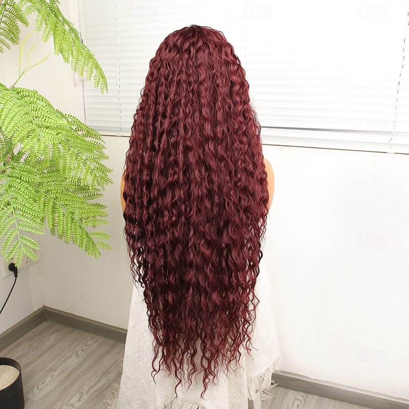 Synthetic Lace Wig Deep Curly Style 32 inch Burgundy Middle Part 13x4x1 T Part Lace Front Wig Women's Wig Wine Red4