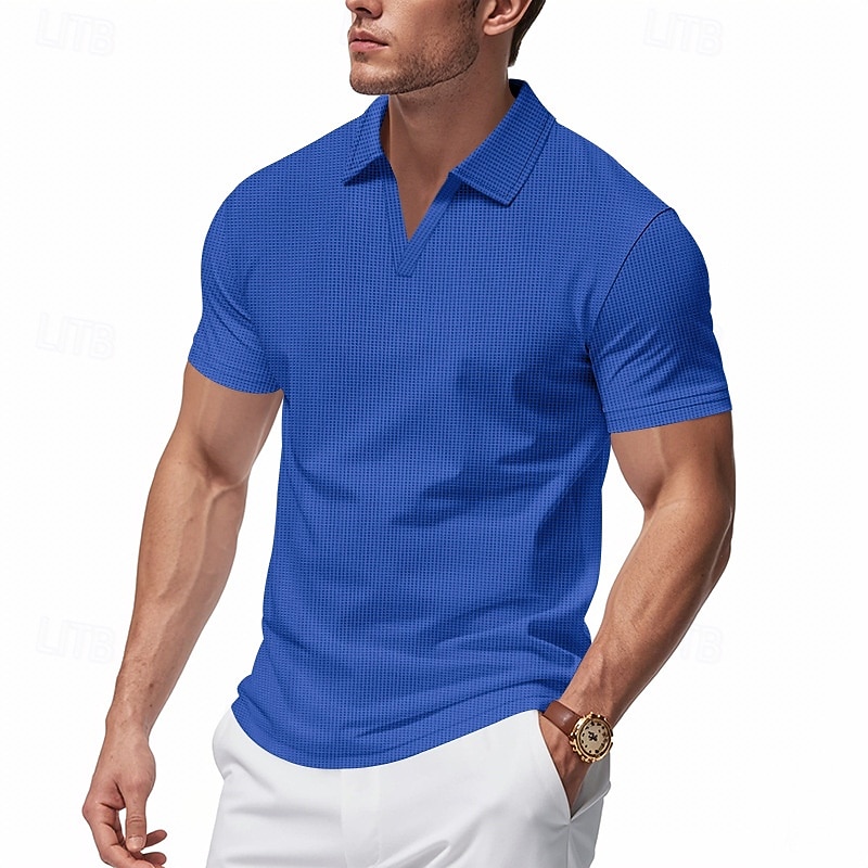 Men's Waffle Polo Shirts Golf Shirt Business Casual V Neck Short Sleeve Fashion Basic Solid Color Buttons Summer Spring &  Fall Regular Fit Black White Royal Blue Light Grey Beige Waffle Polo Shirts2