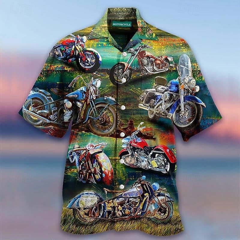 Men's Motorcycle Shirt Summer Hawaiian Shirt Camp Collar Shirt Short Sleeve Shirt Turndown Hawaiian Designer Casual Outdoor Street Casual Red Navy Blue Blue 3D Print S M L3