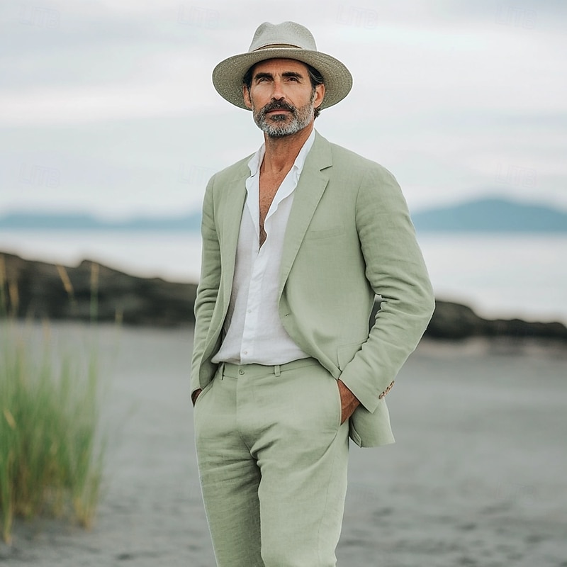 Men's Casual Beach Wedding Linen Suits Notch Lapel Sky Blue Sage Fashion Daily Solid Colored Standard Fit 2 Piece Single Breasted Two-buttons4