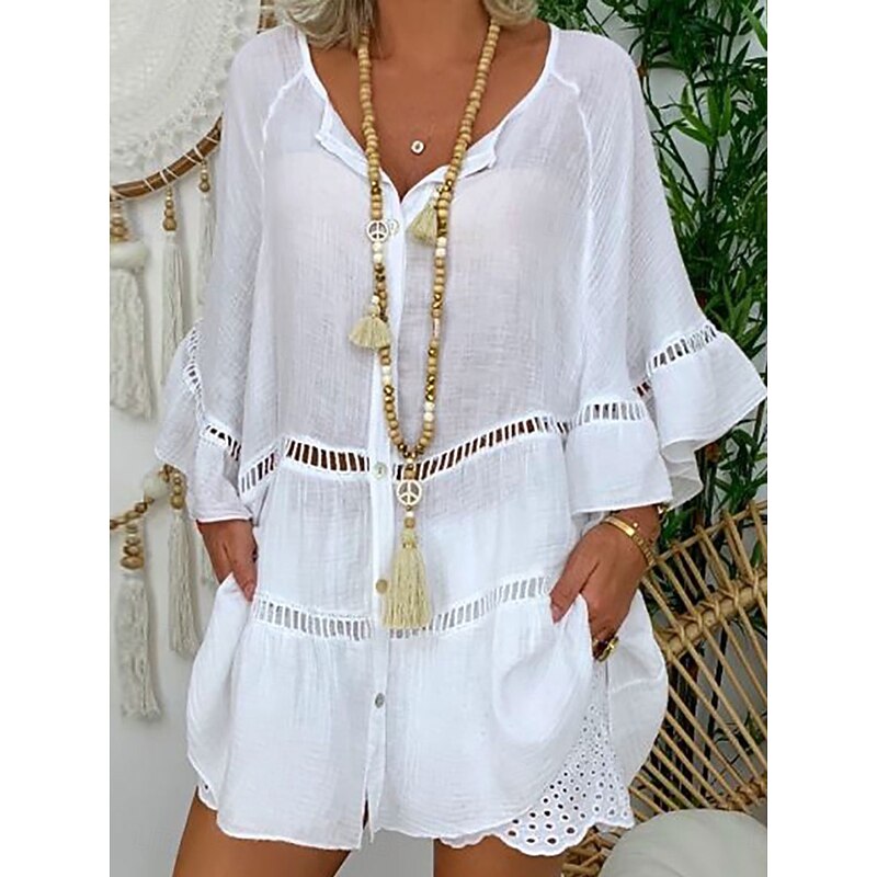 Women's Mini Dress Shift Dress Ruffle Dress Puff Sleeve Dress Linen Casual Daily Holiday Regular Fit Graphic 3/4 Length Sleeve V Neck White Yellow Red Brown Summer