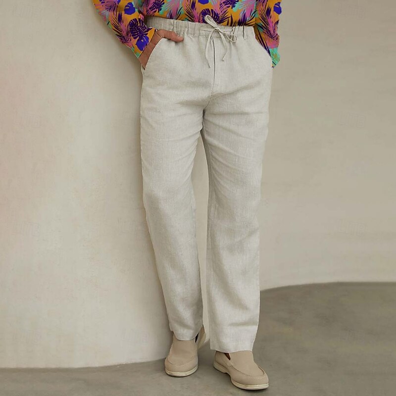 Men's 100% Linen Pants Trousers Drawstring Elastic Waist Straight Leg Plain Comfort Breathable Casual Daily Holiday Fashion Classic Style Beige