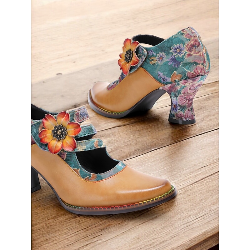 Women's 1930s Vintage Floral Leather Mary Jane Heels – Retro Chunky Heel Shoes with Flower Accent for Formal Events, Office, and Casual Wear2