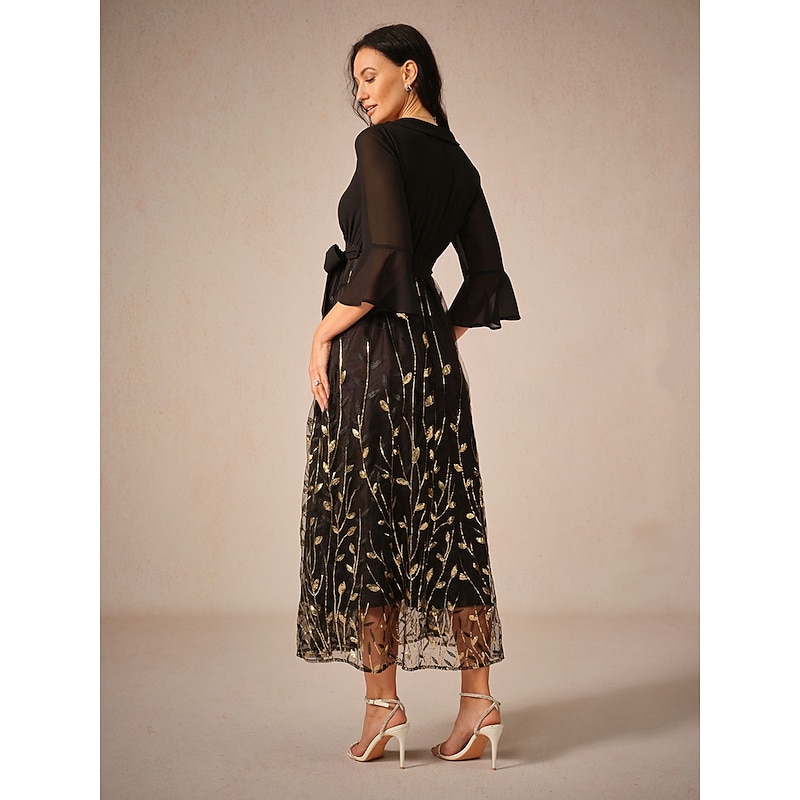 Women's Midi Dress V-Neck Long Sleeve Sheer Gold Branch Pattern Belted Elegant Party Evening Black Gold Full Size2