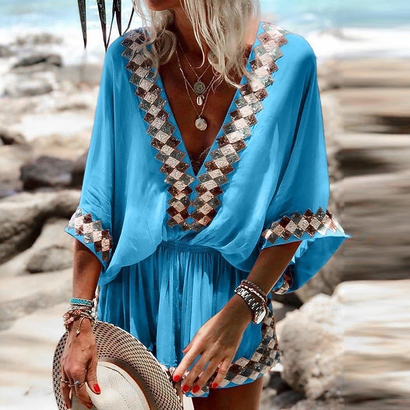 Women's Normal Romper Streetwear Geometric 3/4 Length Sleeve Batwing Sleeve V Neck Print Daily Going out Regular Fit Red Blue Orange Summer2