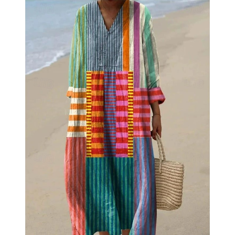 Women's Midi Dress V Neck Long Sleeve Kaftan Lightweight Loose Fit A Line Dress Casual Boho Going out Graphic Long Sleeve V Neck Yellow Pink Blue Brown