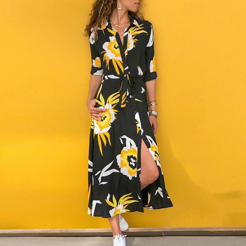 Women's Midi Dress Shirt Dress Boho Dress Fashion Modern Vacation Holiday Going out Regular Fit Flower Long Sleeve Shirt Collar Black Navy Blue Green Summer3