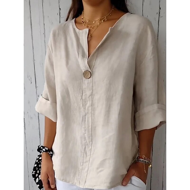 Women's Cotton Linen Mini Dress Shirt Dress Basic Casual Vacation Daily Regular Fit Plain 3/4 Length Sleeve V Neck Black White Red Green Summer4