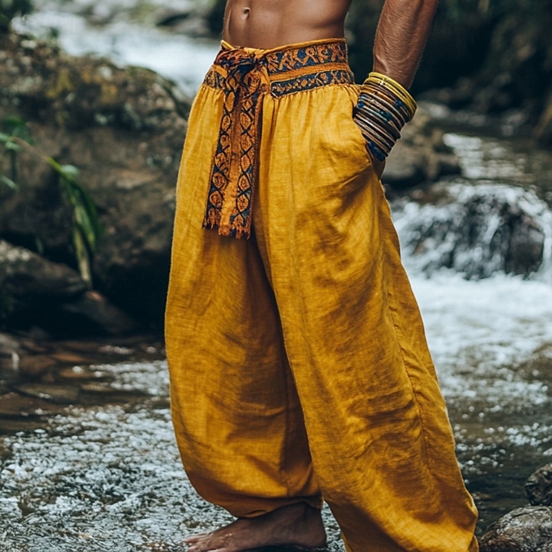 Men's Cotton Linen Pants Summer Pants Bloomers Baggy Pants Pocket Color Block Comfort Breathable Daily Holiday Retro Vintage Chinese Style Yellow