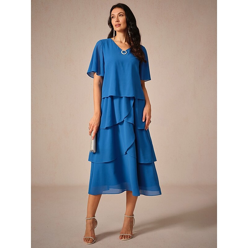 Women's Knee Length Dress Chiffon Dress Elegant Stylish Flowy Wedding Wedding Guest Loose Fit Solid Color Short Sleeve V Neck Royal Blue Summer Spring