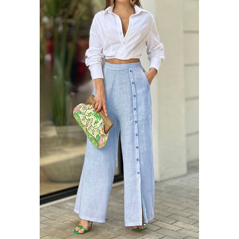 Women's Cotton Linen Pants Slacks Fashion Streetwear Full Length Natural Plain Pocket Outdoor Comfortable Daily Wear Going out White Blue Green Summer Regular Fit2