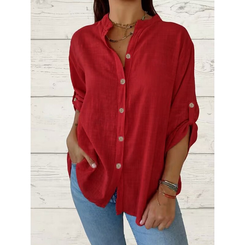 Women's Cotton Linen Shirt Solid Color Elegant Casual Long Sleeve V Neck Regular Tops Daily Holiday Buttons Black White Red Summer Spring4