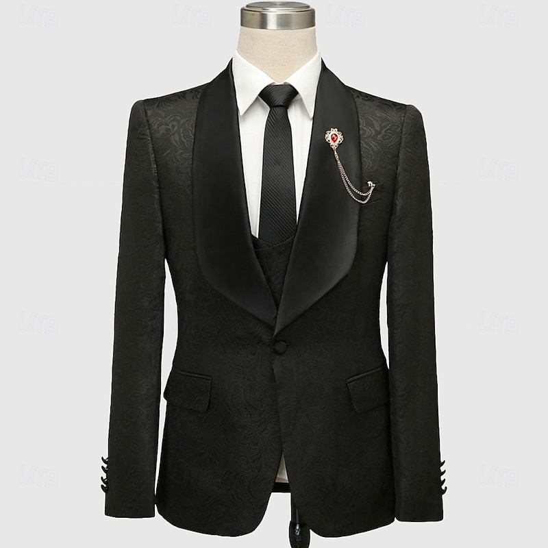 Men's Wedding Prom Party Suits Shawl Lapel Black Fashion Luxury Jacquard Floral Standard Fit 2 Piece Single Breasted One-button