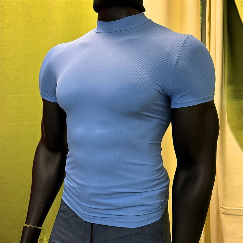 Men's Gym Shirt Compression Shirt Fitness Shirt Crew Neck Short Sleeves Casual Daily Gym Quick dry High Stretch Sweat wicking Patchwork Plain Light Green Dark Grey non-printing Activewear Polyester