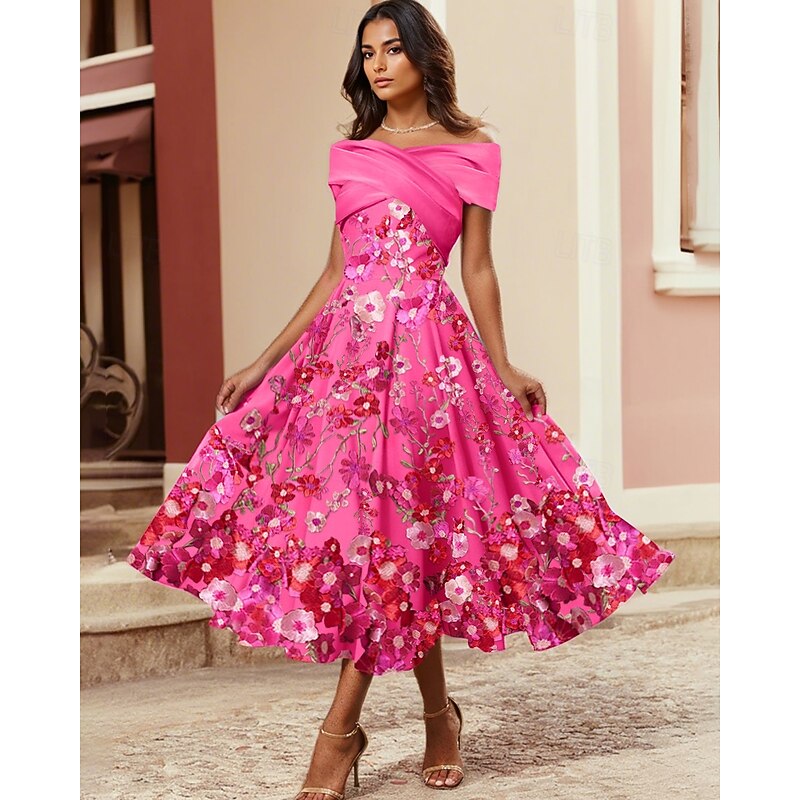 A-Line CocktailDresses Elegant Dress Formal Wedding Tea Length Sleeveless Shirt Collar Satin with Pleats Ruched Embroidered Applique4