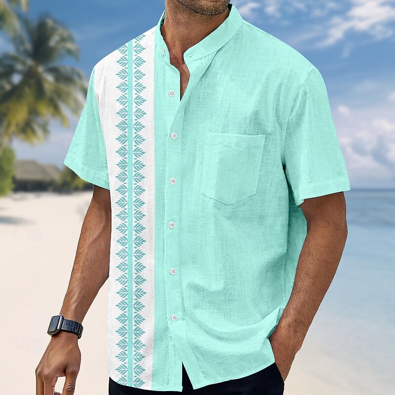 Men's Geometric Shirt Guayabera Shirt Stand Collar Shirt Short Sleeve Fashion Casual Vacation Holiday Beach Wear Summer Spring Mandarin Collar Band Collar Grandad Collar 3D Print Linen Like Shirt3