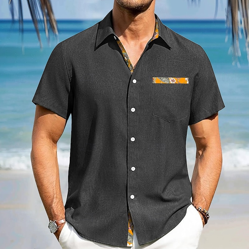 Men's Linen Shirt Summer Shirt Button Up Shirt Short Sleeve Fashion Casual Vacation Holiday Beach Wear Summer Spring Collared Shirts Front One Pocket Dark Navy Dark Green Dark Gray3