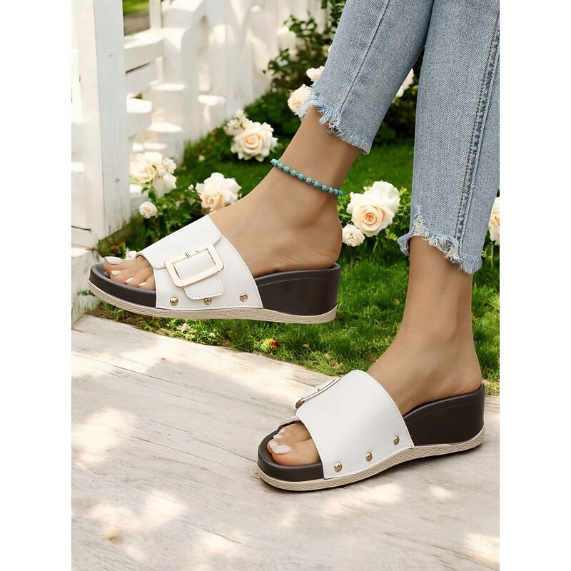Chic Wedge Slide Sandals for Women - Comfortable Casual Wear with Stylish Buckle and Rivet Details, Perfect for Leisure or Weekend Outings3