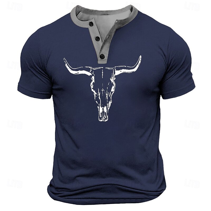 Men's Bull T Shirt Henley Shirt Short Sleeve Designer Retro Vintage Street Casual Daily Summer Spring Black White Navy Blue Military Green Henley Henley T-Shirt