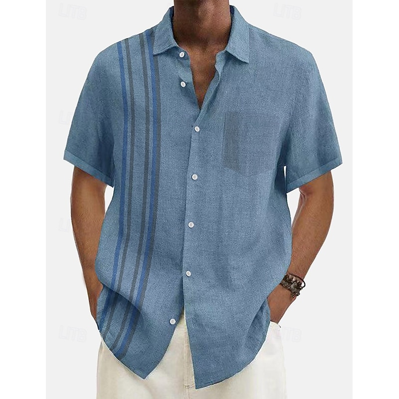Men's Summer Shirt Casual Shirt Beach Shirt Button Up Shirt Blue Green Short Sleeve Pattern Stripes Lapel Vacation Hawaiian Clothing Apparel Polyester Fashion Casual Comfortable2