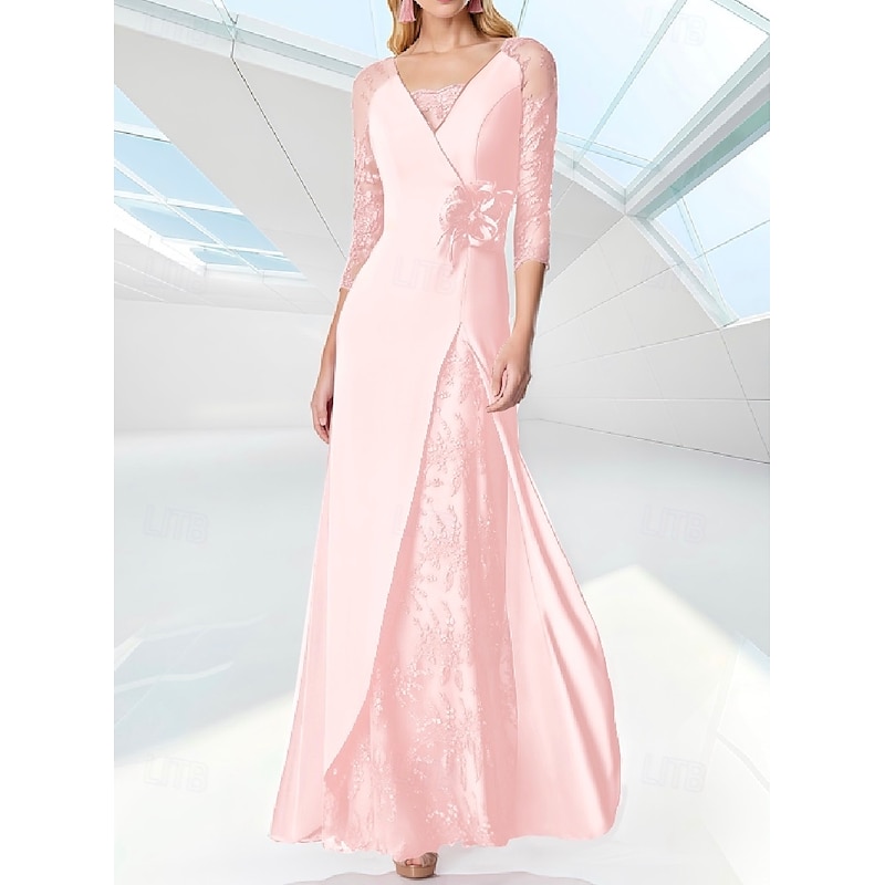 Beach Wedding A-Line Evening Gown Elegant Dress Formal Floor Length 3/4 Length Sleeve V Neck Fall Wedding Guest Chiffon with Embroidery