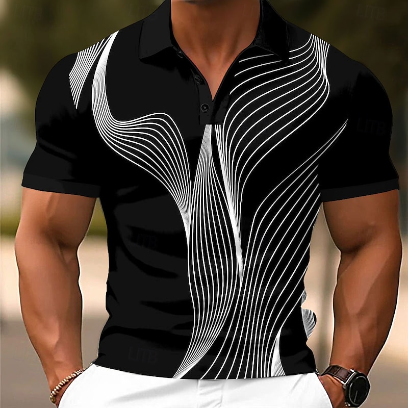Men's Geometic Line Polo Short Sleeve Polo Shirts Collared Shirts Casual School Outdoor Daily Wear Home Wear 3D Print Summer Spring Fall Black