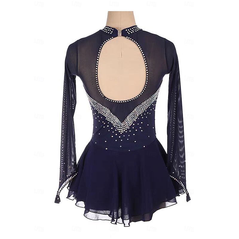 Figure Skating Dress Women's Girls' Ice Skating Dress Dark Navy Patchwork Thumbhole Mesh Spandex Stretchy Training Practice Professional Skating Wear Thermal Warm Crystal / Rhinestone Long Sleeve Ice2