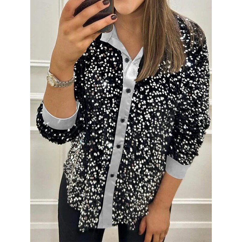 Women's Shirt Blouse Plain Stylish Modern Long Sleeve Shirt Collar Regular Tops Daily Sequins Buttons Pocket Black Yellow Red Blue Purple Summer4