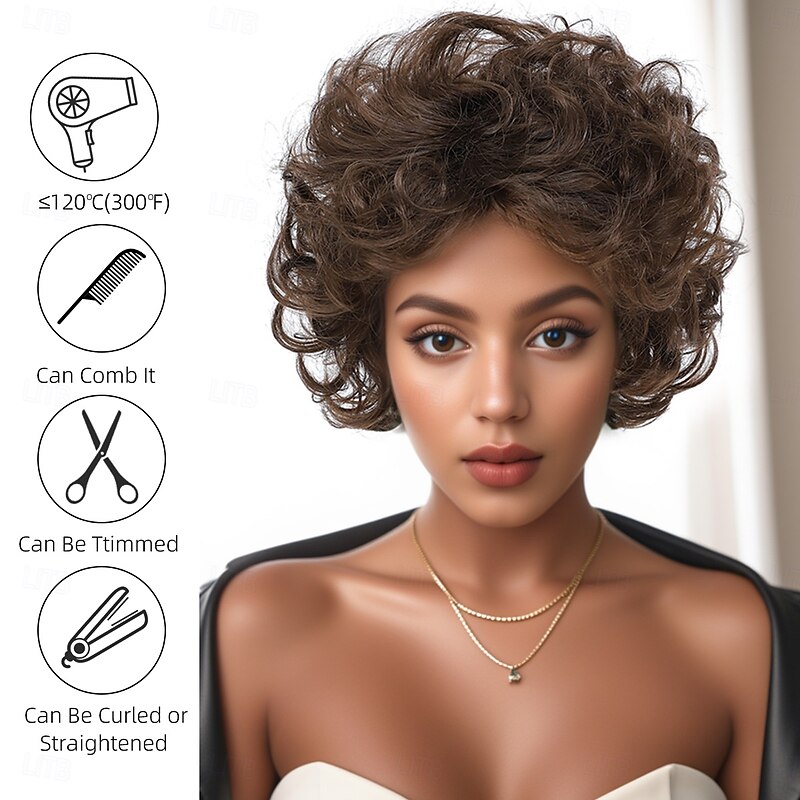 Synthetic Wig Curly Weave Tight Curl Layered Haircut With Bangs Machine Made Wig 12 inch A1 Synthetic Hair Women's Elastic Cool Classic Light Brown2