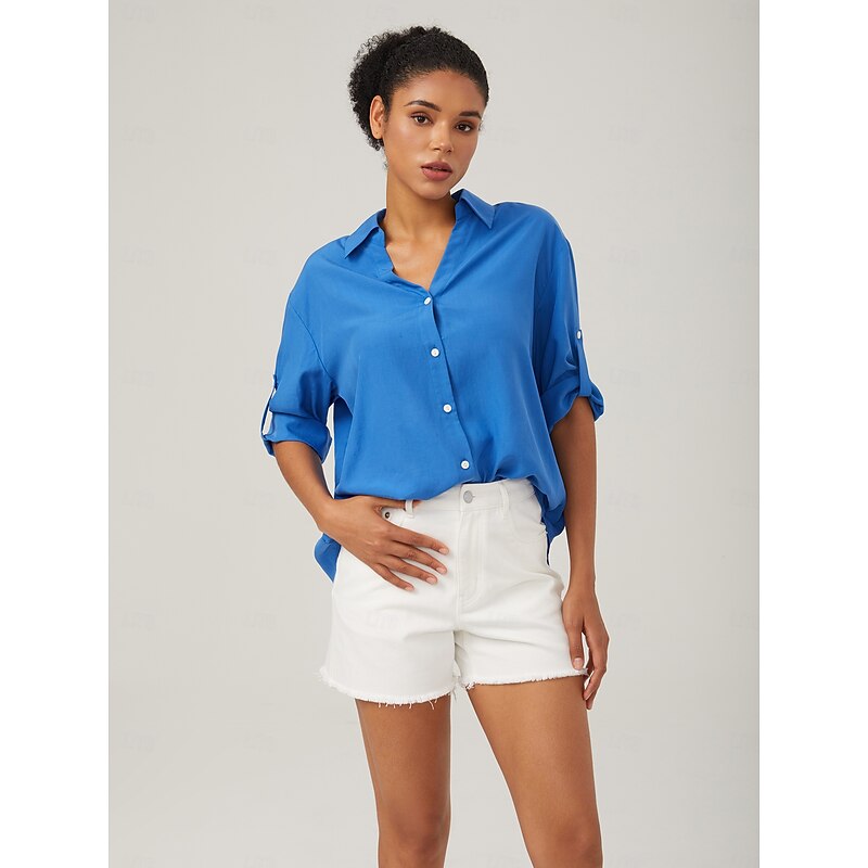 Vacation-Style Minimalist V-neck Blue Shirt2