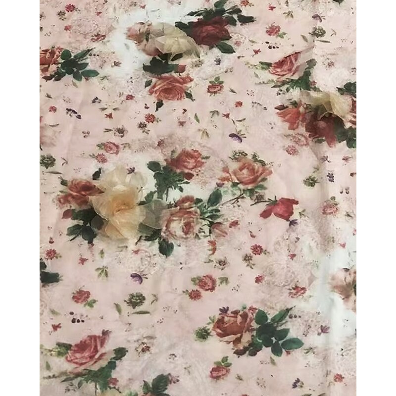 A-Line Mother of the Bride Dress Floral Print Elegant Vintage Simple V Neck Floor Length Chiffon 3/4 Length Bubble Sleeve with Pleats Details and 3D Flowers Wedding Guest Dress2