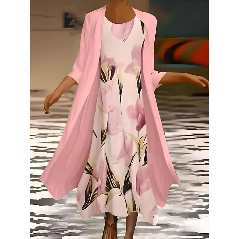 Women's Maxi Dress Summer Dress Vacation Casual Cocktail Wedding Guest Birthday Daily Regular Fit Ombre Floral 3/4 Length Sleeve Crew Neck Pink Summer Spring