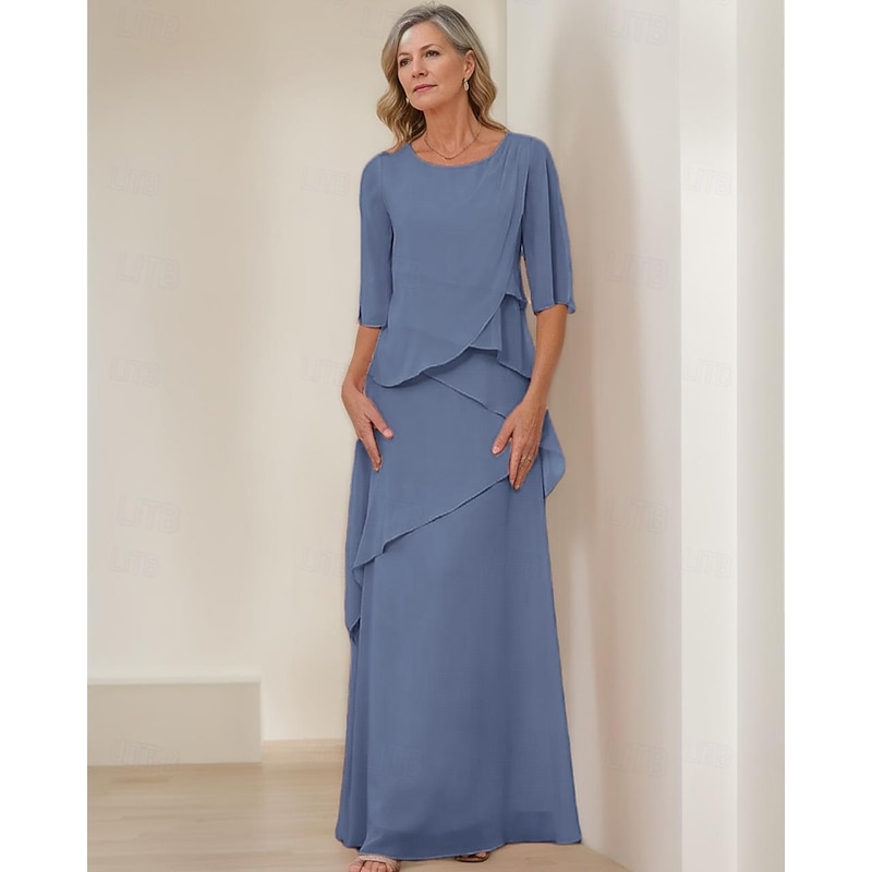 Sheath / Column Mother of the Bride Dress Formal Elegant Vintage Simple Crew Neck Floor Length Chiffon Half Sleeve with Ruffles Cascading Ruffles